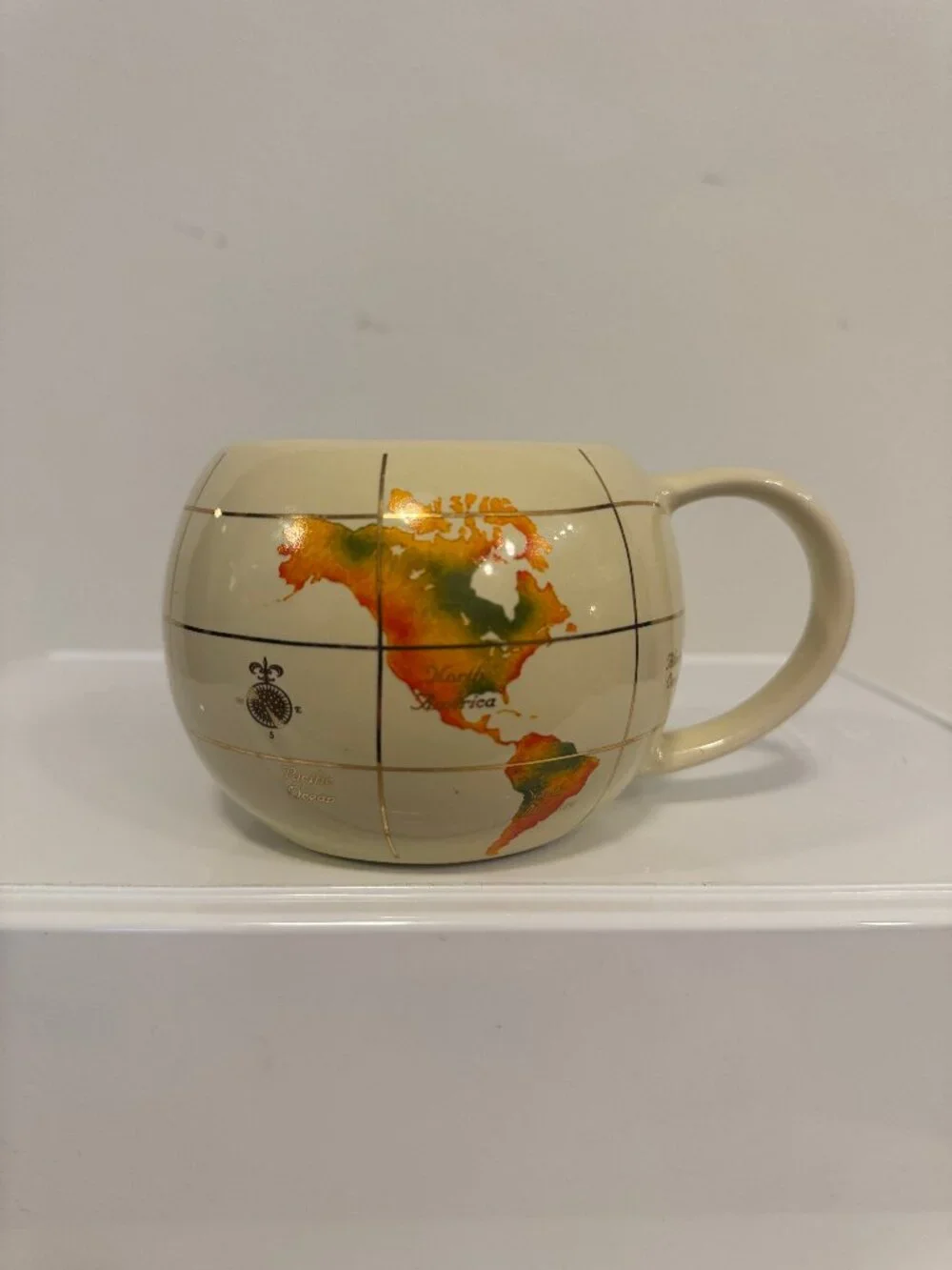 Vintage 1993 FTD World Map Globe Round Ceramic Coffee Mug Gold Trim